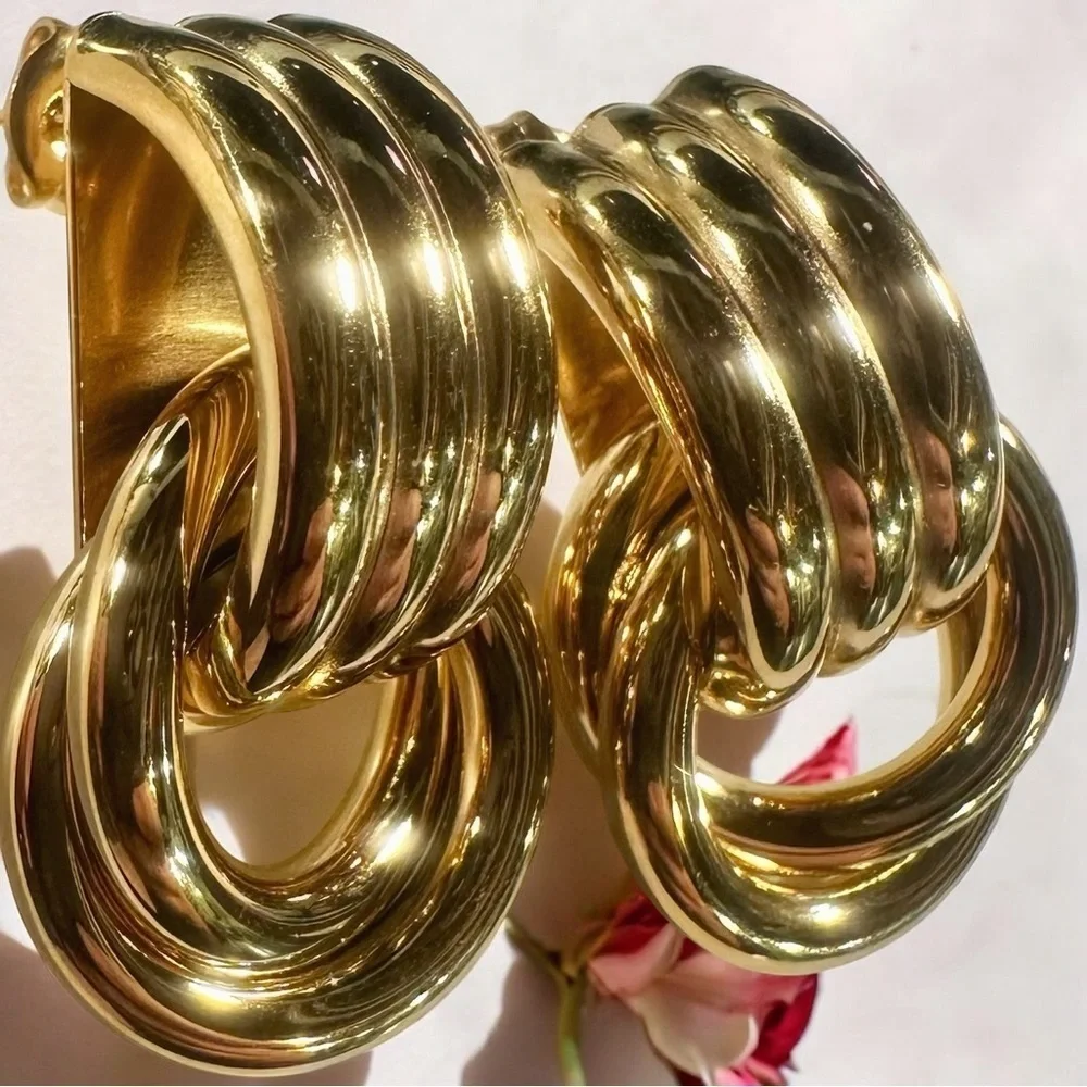NEW Yellow Gold-Plated Stainless Steel Knotted & Looped Drop Earrings Celeb Fav